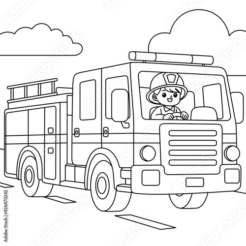 Obraz na płótnie Firefighter Driving a Fire Truck Outline Coloring Page. Labor Day Colouring Page w salonie