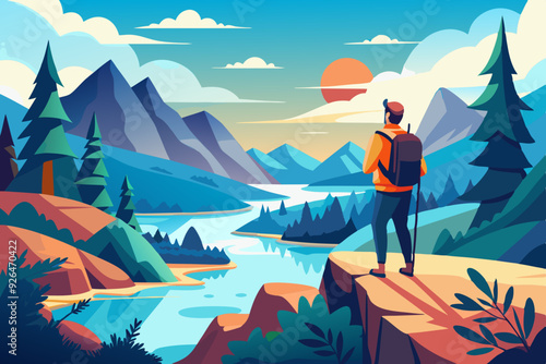 Concept of exploration, discovery, hiking, searching and adventure. A man with a backpack, explorer or traveler stands on top of a mountain and looks at the river
