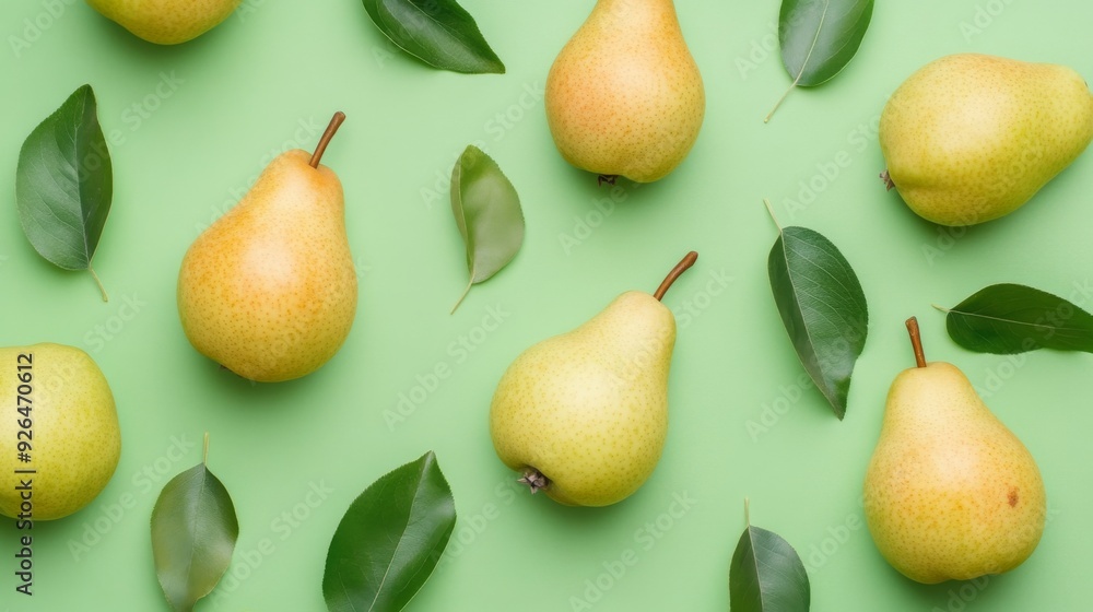 Close up pears and leaves on a green background. Pear fruit texture Close up pears and leaves on a green background. Pear fruit texture