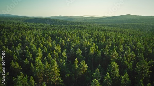 Aerial view of a lush green forest landscape, showcasing vibrant trees under a clear sky, perfect for nature and travel themes.