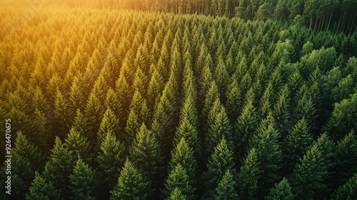 Aerial view of a lush green forest with dense trees illuminated by the warm glow of sunlight during the golden hour.