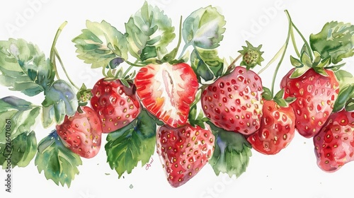 Minimal watercolor painting of a bunch of ripe, sunkissed strawberries with delicate green leaves, perfect for a summer treat, clipart watercolor on white background photo