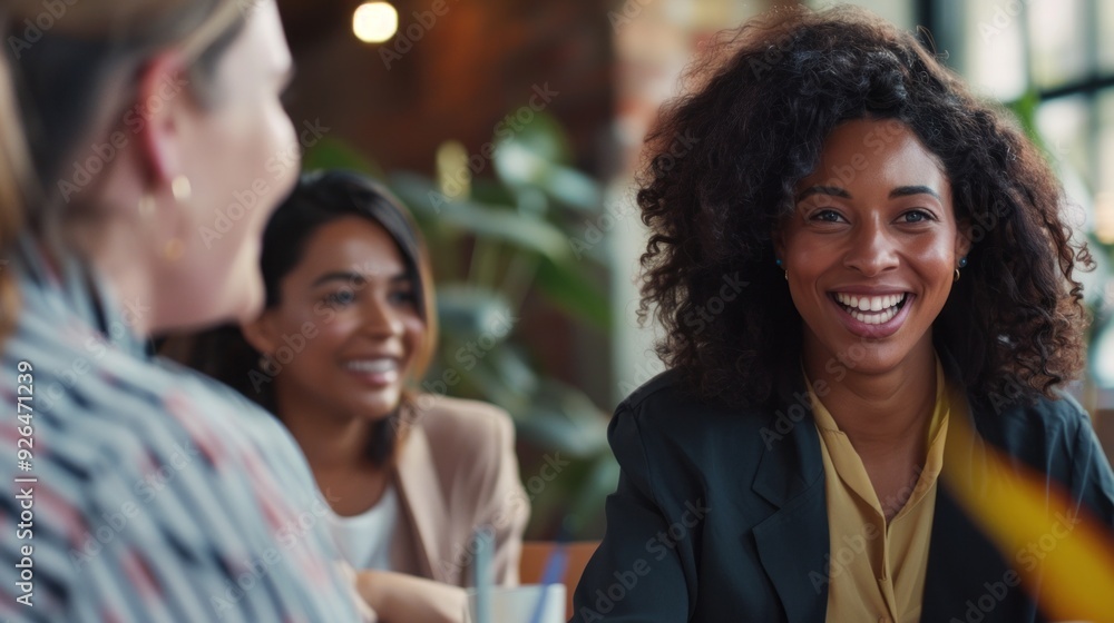 Fototapeta premium A group of friends share laughter and joyful conversation in a vibrant café filled with natural light and greenery