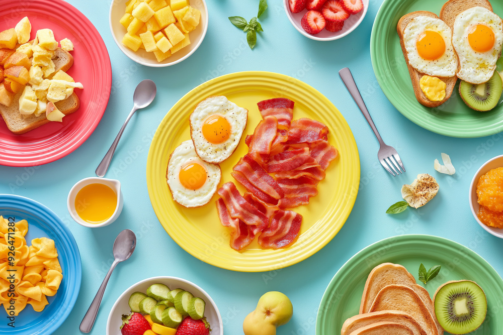 Top-down view of a breakfast table with a variety of foods including scrambled eggs, bacon, toast, and fresh fruit on colorful plates. Top-down view of a breakfast table with a variety of foods including scrambled eggs, bacon, toast, and fresh fruit on colorful plates.