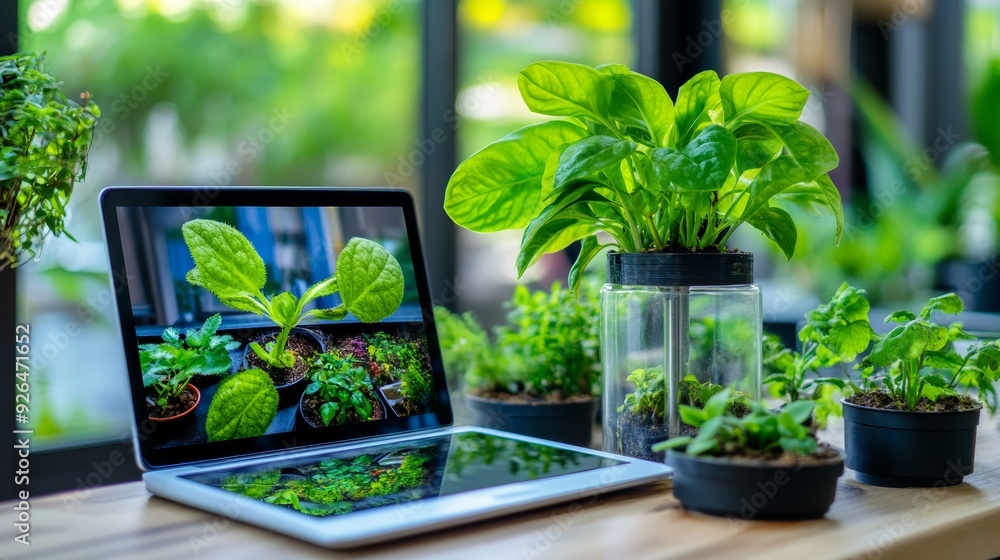 The image shows a potted plant inside a small greenhouse, which is placed on a table The setting is surrounded by various elements related to gardening, such as flowers, leaves, vegetables, and herbs, The image shows a potted plant inside a small greenhouse, which is placed on a table The setting is surrounded by various elements related to gardening, such as flowers, leaves, vegetables, and herbs,