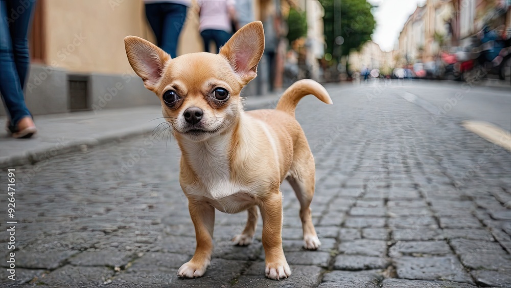 Fawn smooth coat chihuahua dog walking on the street Fawn smooth coat chihuahua dog walking on the street