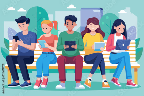 Young people are sitting on a bench with gadgets. Students use laptops, smartphones and tablets for study. Internet addiction.
