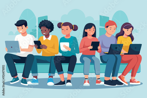 Young people are sitting on a bench with gadgets. Students use laptops, smartphones and tablets for study. Internet addiction.
