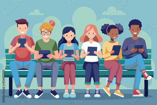 Young people are sitting on a bench with gadgets. Students use laptops, smartphones and tablets for study. Internet addiction.

