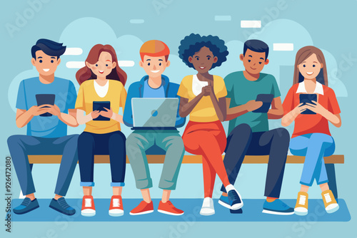 Young people are sitting on a bench with gadgets. Students use laptops, smartphones and tablets for study. Internet addiction.

