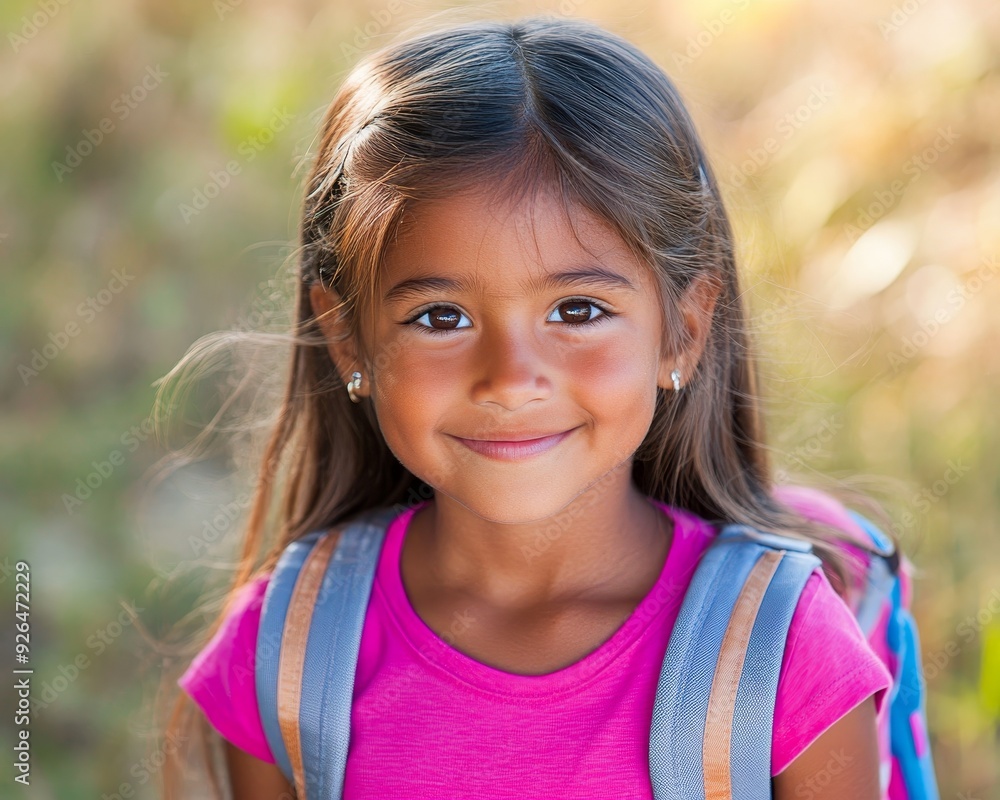 A CloseUp Portrait of a Young Girl with Long Brown Hair and a Pink Shirt Wearing a Backpack Smiling with a Delicate Look A CloseUp Portrait of a Young Girl with Long Brown Hair and a Pink Shirt Wearing a Backpack Smiling with a Delicate Look