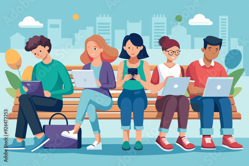 Young people are sitting on a bench with gadgets. Students use laptops, smartphones and tablets for study. Internet addiction.
