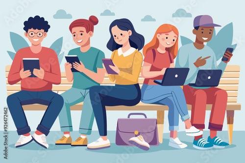 Young people are sitting on a bench with gadgets. Students use laptops, smartphones and tablets for study. Internet addiction.
