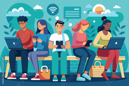 Young people are sitting on a bench with gadgets. Students use laptops, smartphones and tablets for study. Internet addiction.
