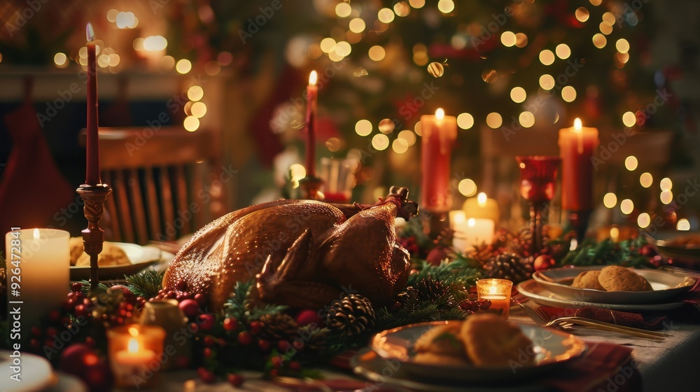 A beautifully set Christmas dinner table with a roasted turkey, candles, and holiday decorations. A beautifully set Christmas dinner table with a roasted turkey, candles, and holiday decorations.