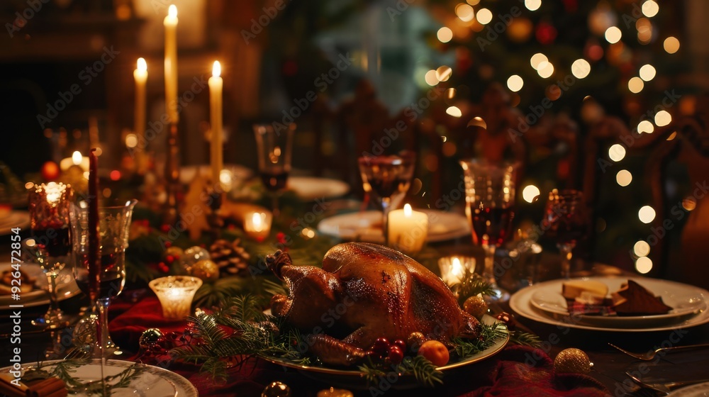A beautifully set Christmas dinner table with a roasted turkey, candles, and holiday decorations. A beautifully set Christmas dinner table with a roasted turkey, candles, and holiday decorations.