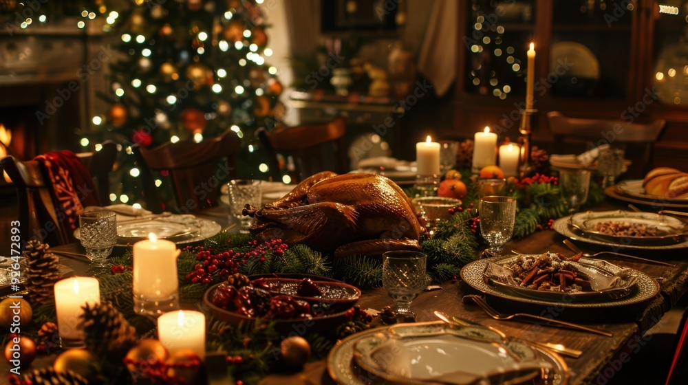 A beautifully set Christmas dinner table with a roasted turkey, candles, and holiday decorations. A beautifully set Christmas dinner table with a roasted turkey, candles, and holiday decorations.