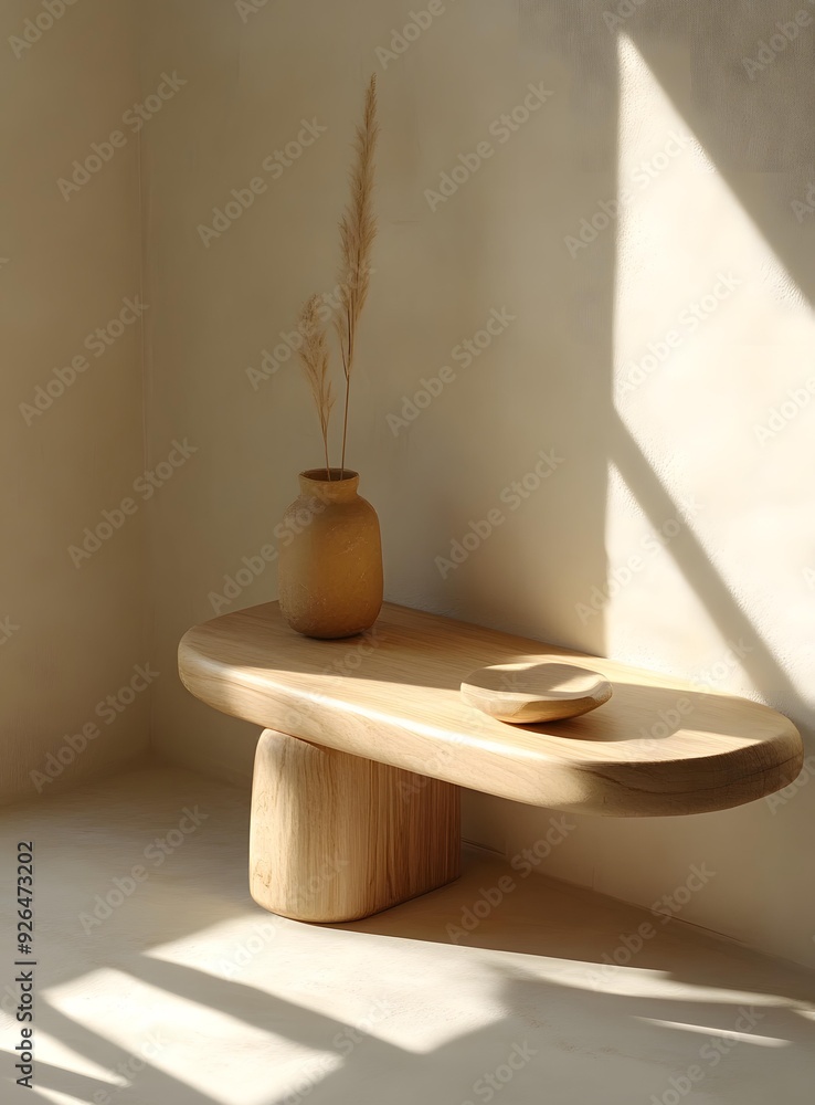 Wooden Table with Vase and Dried Flowers in Minimalist Interior Wooden Table with Vase and Dried Flowers in Minimalist Interior