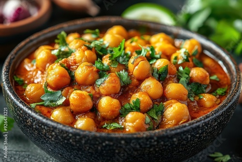 aromatic chickpea curry closeup vibrant spiceinfused dish with golden chickpeas fresh herbs rich sauce tantalizing vegetarian food photography photo