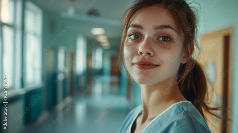 A young woman in scrubs stands confidently in a quiet corridor, radiating warmth and dedication to her work in healthcare A young woman in scrubs stands confidently in a quiet corridor, radiating warmth and dedication to her work in healthcare