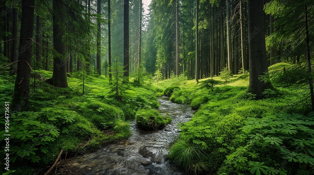 lush green forest with tall trees and a small stream running through it lush green forest with tall trees and a small stream running through it