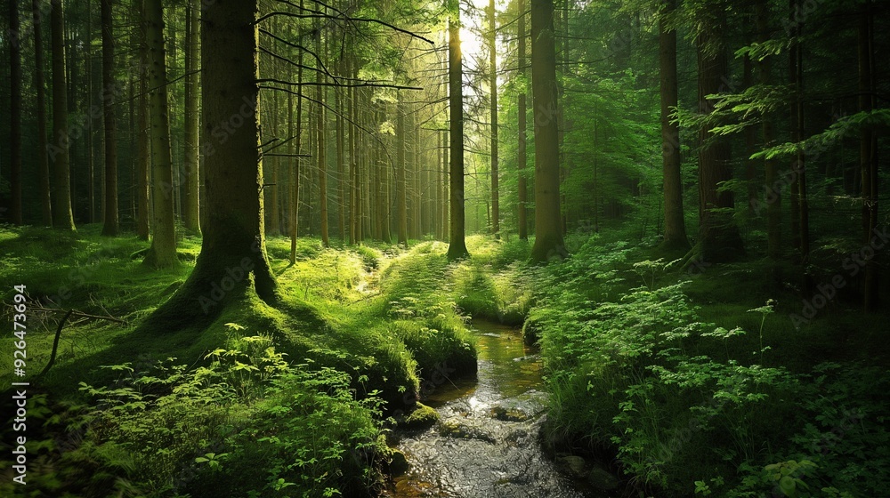 Obraz premium lush green forest with tall trees and a small stream running through it