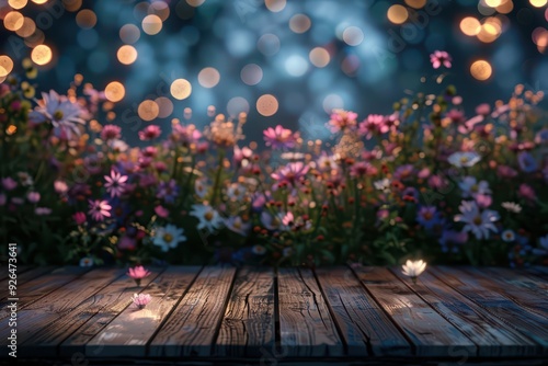 The empty wooden table faces a garden filled with ethereal flowers that glow and change form, creating a magical and hightech backdrop, high tech, with copy space