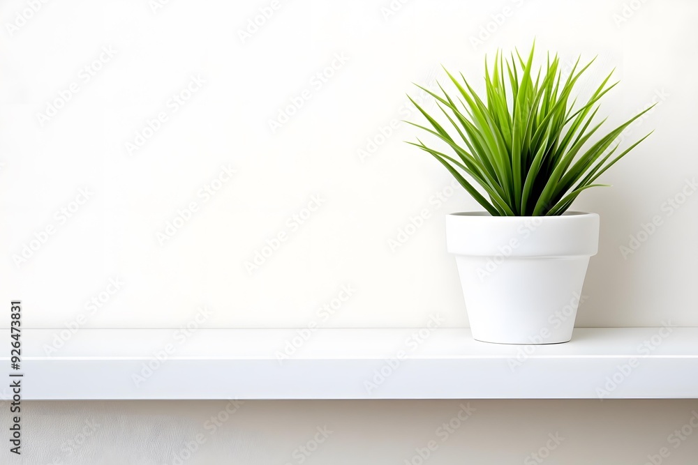 White Shelf with Green Plant in Pot White Shelf with Green Plant in Pot