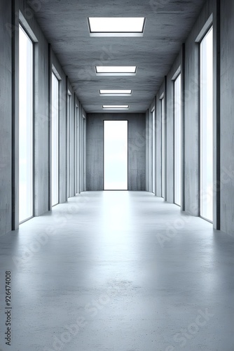 Empty Concrete Corridor with Bright Lights and Windows