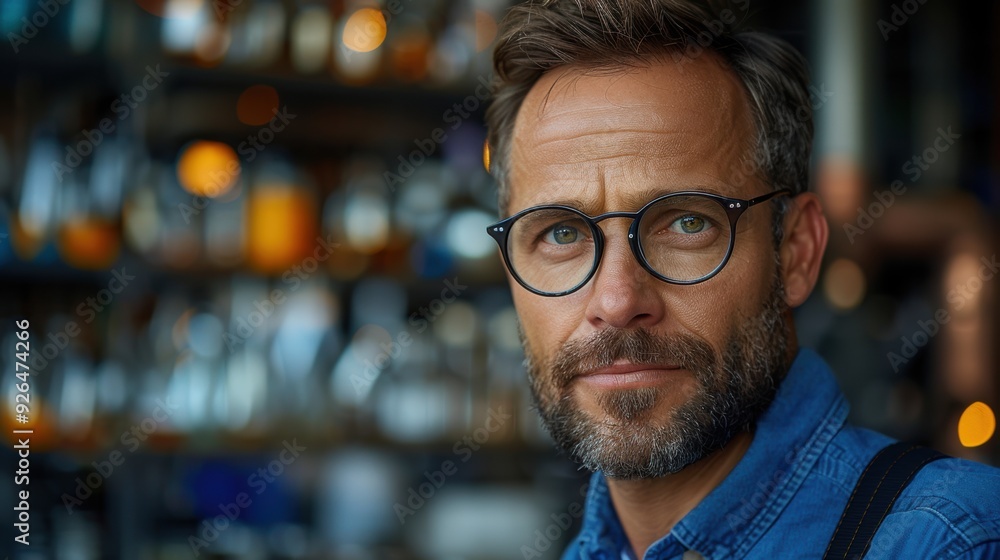 Man with glasses in a cozy bar surrounded by shelves of glassware during evening hours Man with glasses in a cozy bar surrounded by shelves of glassware during evening hours