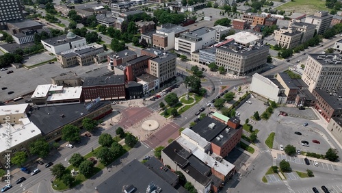 City aerial view of Watertown, NY living in small town USA with streets, buildings, business downtown in summertime in New York State close to Thousand Islands