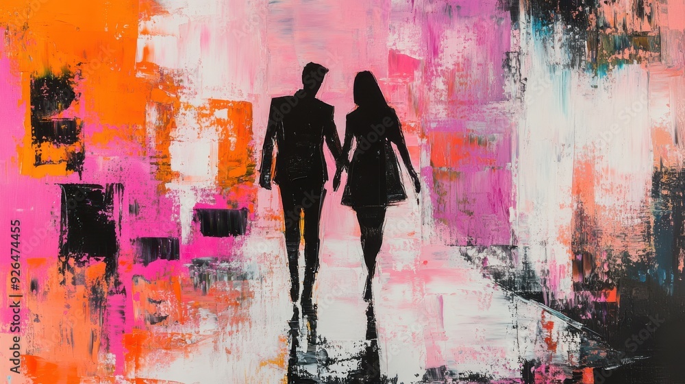 Abstract oil painting of silhouette man and woman walking, urban street art Abstract oil painting of silhouette man and woman walking, urban street art
