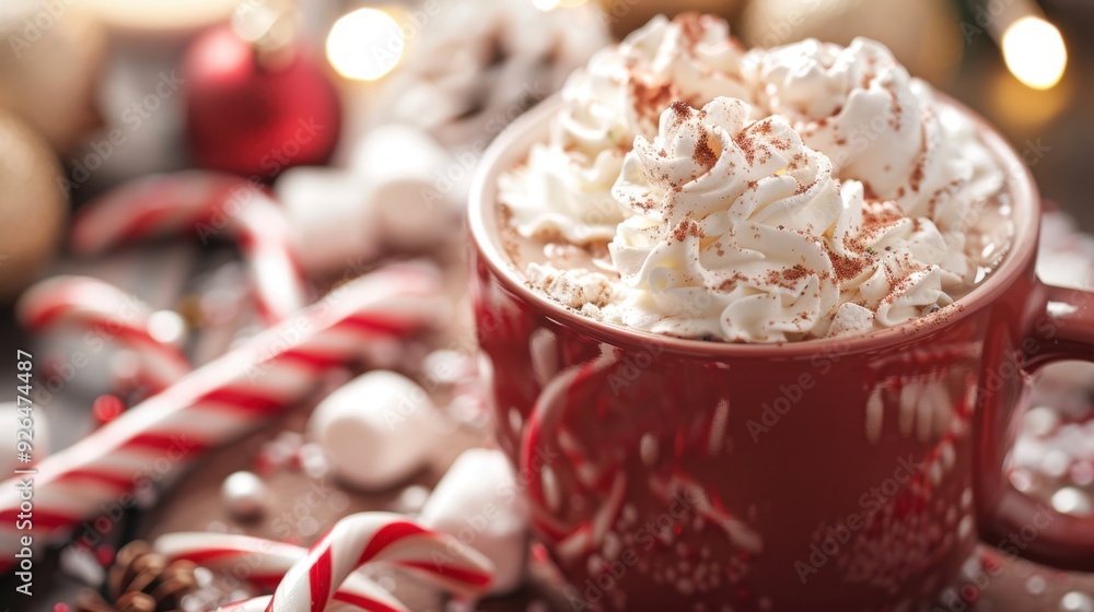 A close-up of a hot chocolate mug topped with whipped cream and a candy cane, set by a fire. A close-up of a hot chocolate mug topped with whipped cream and a candy cane, set by a fire.