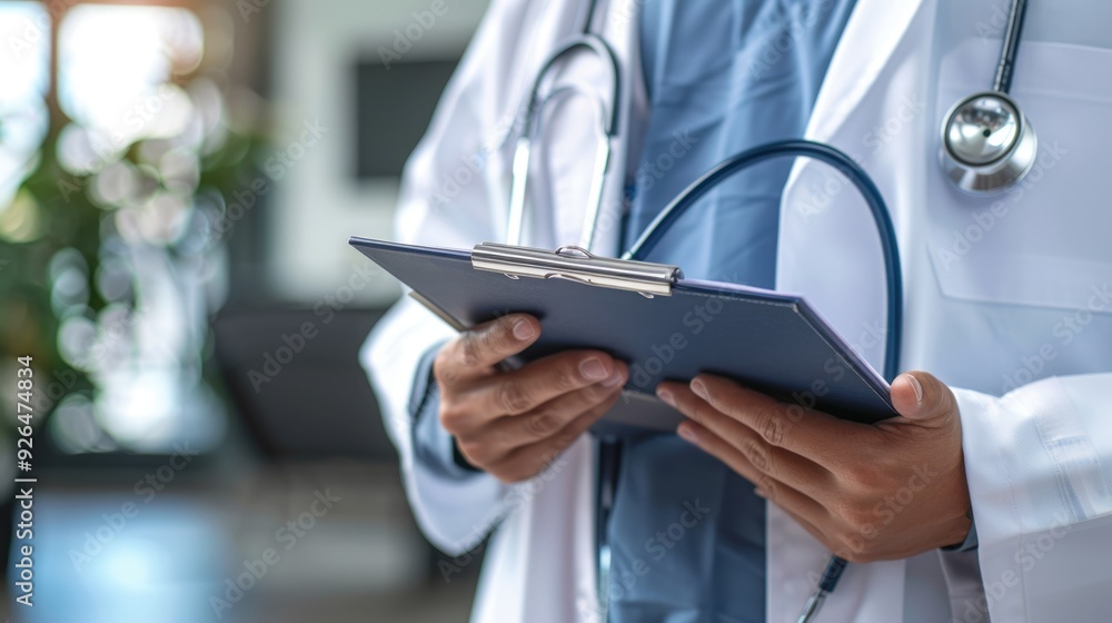 A close-up of a stethoscope and a doctor hand holding a patient's file, symbolizing professional healthcare services. A close-up of a stethoscope and a doctor hand holding a patient's file, symbolizing professional healthcare services.