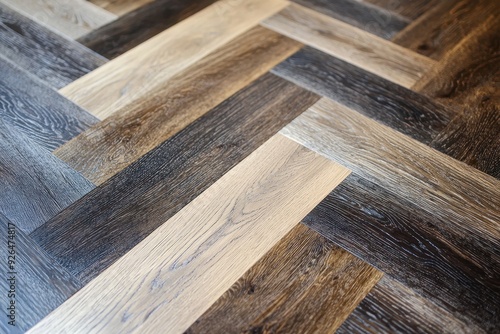 Contemporary Herringbone Wood Flooring with Dark Wood and Light Gray Brown Stripes Close-up Detail