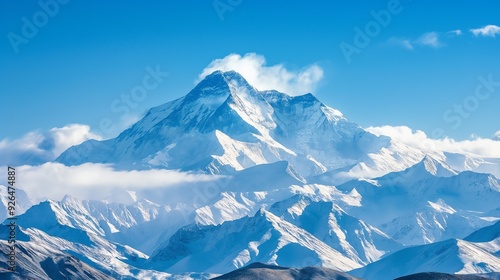 majestic mountain peak covered in snow with a clear blue sky