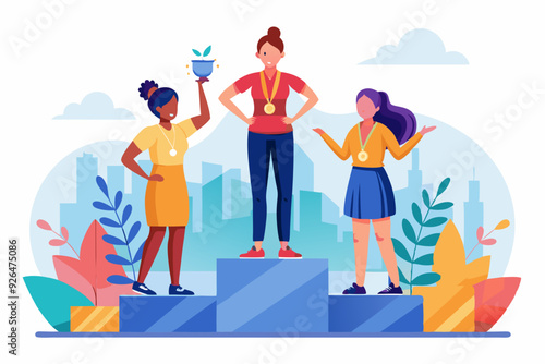 Ceremony of awarding medals. Three female athletes on the pedest
