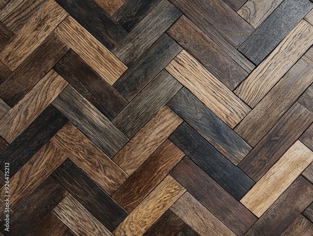 Elegant Herringbone Dark Wood Flooring with Light Gray and Brown Stripes in Geometric Pattern Elegant Herringbone Dark Wood Flooring with Light Gray and Brown Stripes in Geometric Pattern