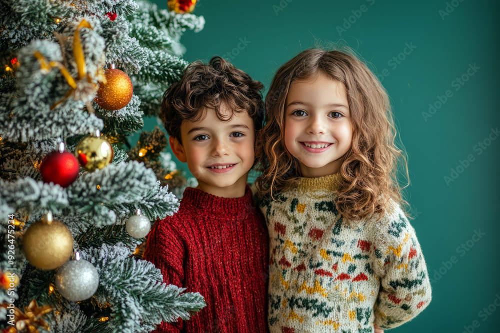 Siblings stand together, smiling warmly in front of a Christmas tree. Both wear cozy sweaters, surrounded by twinkling lights and ornaments, capturing a festive family moment. Siblings stand together, smiling warmly in front of a Christmas tree. Both wear cozy sweaters, surrounded by twinkling lights and ornaments, capturing a festive family moment.