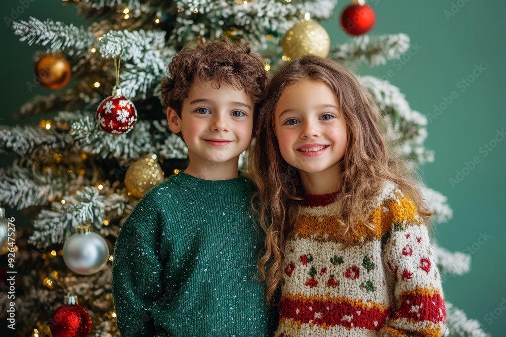 Siblings stand together, smiling warmly in front of a Christmas tree. Both wear cozy sweaters, surrounded by twinkling lights and ornaments, capturing a festive family moment. Siblings stand together, smiling warmly in front of a Christmas tree. Both wear cozy sweaters, surrounded by twinkling lights and ornaments, capturing a festive family moment.
