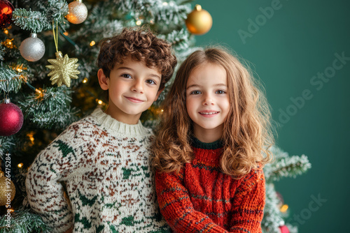 Siblings stand together, smiling warmly in front of a Christmas tree. Both wear cozy sweaters, surrounded by twinkling lights and ornaments, capturing a festive family moment.