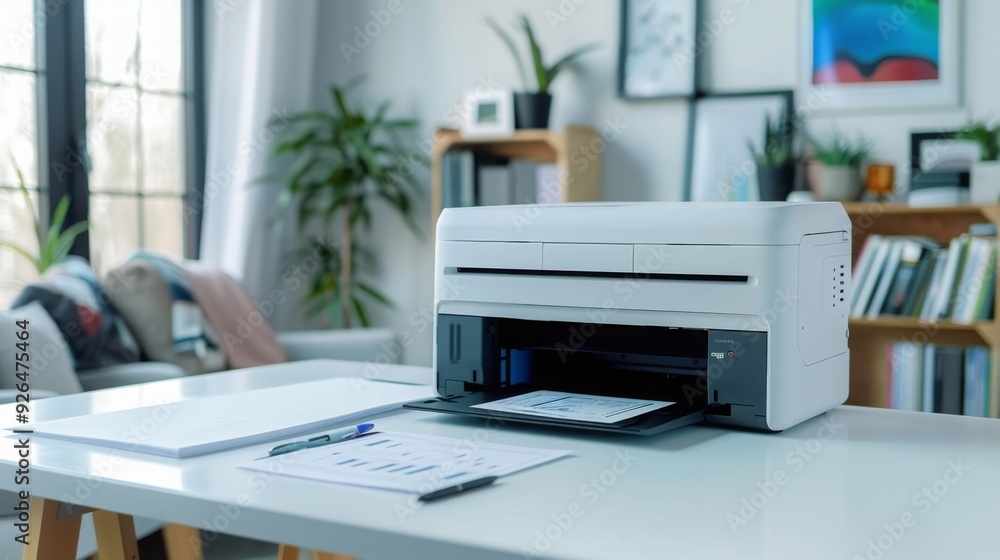 Modern Office Printer with Document on Table Modern Office Printer with Document on Table