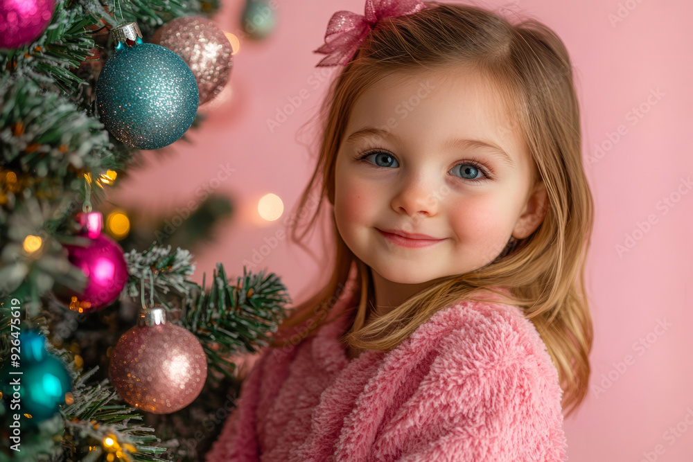 Little girl stands against the backdrop of decorated Christmas tree. happy girl stands at Christmas tree decorated with bright decorations during holiday season, smiling sweetly, Little girl stands against the backdrop of decorated Christmas tree. happy girl stands at Christmas tree decorated with bright decorations during holiday season, smiling sweetly,