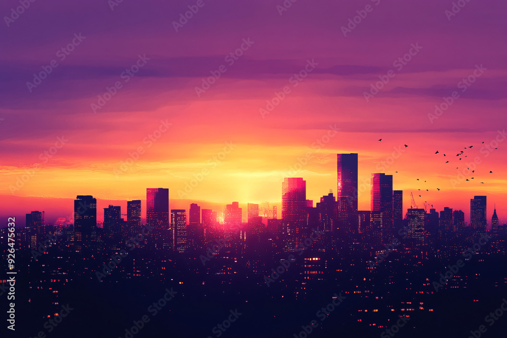 Obraz premium A city skyline with a sunset in the background
