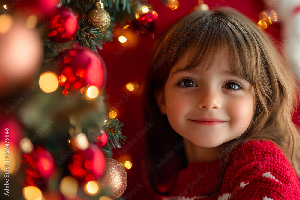Little girl stands against the backdrop of decorated Christmas tree. happy girl stands at Christmas tree decorated with bright decorations during holiday season, smiling sweetly, Little girl stands against the backdrop of decorated Christmas tree. happy girl stands at Christmas tree decorated with bright decorations during holiday season, smiling sweetly,