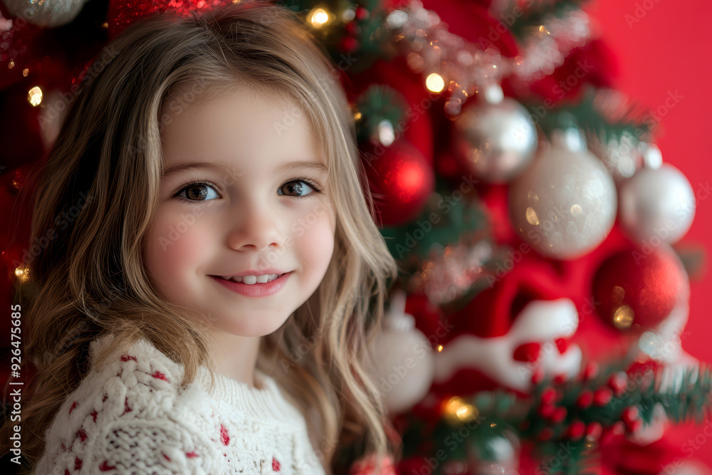 Little girl stands against the backdrop of decorated Christmas tree. happy girl stands at Christmas tree decorated with bright decorations during holiday season, smiling sweetly, Little girl stands against the backdrop of decorated Christmas tree. happy girl stands at Christmas tree decorated with bright decorations during holiday season, smiling sweetly,