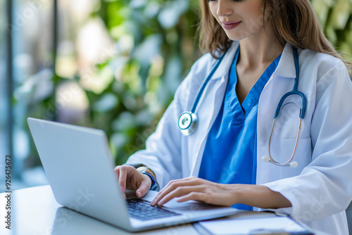 Female medical professional typing on laptop, updating patient records or billing, copy space photo