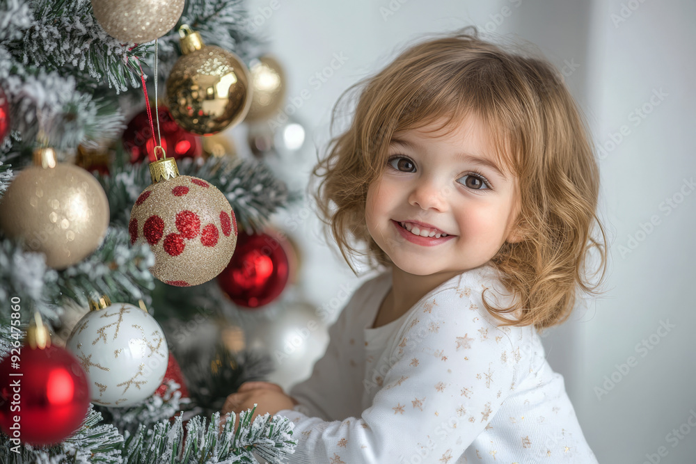 Little girl stands against the backdrop of decorated Christmas tree. happy girl stands at Christmas tree decorated with bright decorations during holiday season, smiling sweetly, Little girl stands against the backdrop of decorated Christmas tree. happy girl stands at Christmas tree decorated with bright decorations during holiday season, smiling sweetly,