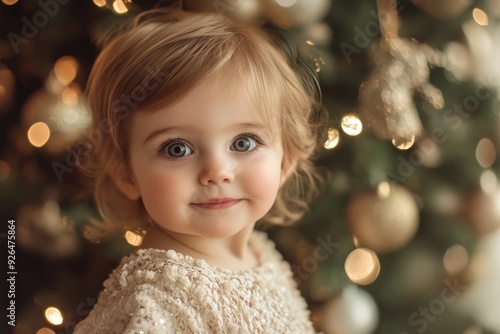 Little girl stands against the backdrop of decorated Christmas tree. happy girl stands at Christmas tree decorated with bright decorations during holiday season, smiling sweetly,