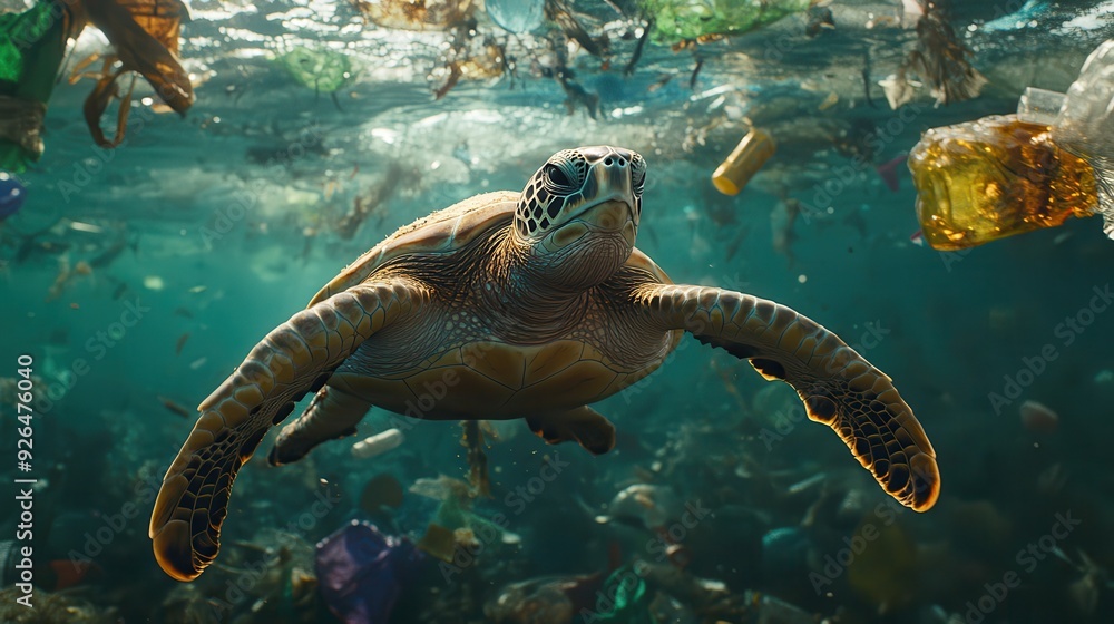 Obraz premium A sea turtle glides through murky waters surrounded by plastic waste and debris